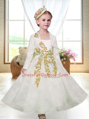White Straps Zipper Embroidery Flower Girl Dress Sleeveless
