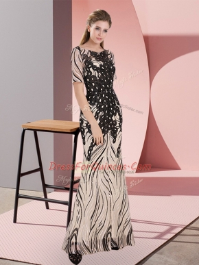 Black Zipper Scoop Sequins Evening Dress Half Sleeves