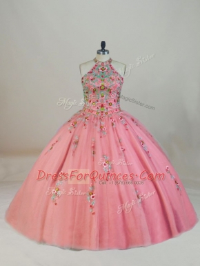 Tulle Halter Top Sleeveless Brush Train Lace Up Appliques and Embroidery Quinceanera Dresses in Pink