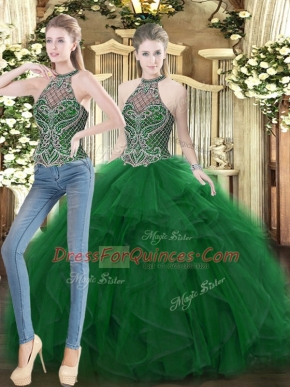 Floor Length Dark Green 15 Quinceanera Dress High-neck Sleeveless Lace Up