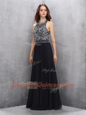 Spectacular Halter Top Sleeveless Chiffon Floor Length Backless Evening Dress in Black with Beading
