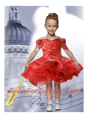 Cute Ball Gown Bateau Knee-length Beading Short Sleeveless Red Little Girl Dress