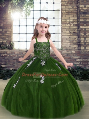 Green Lace Up Girls Pageant Dresses Appliques Sleeveless Floor Length