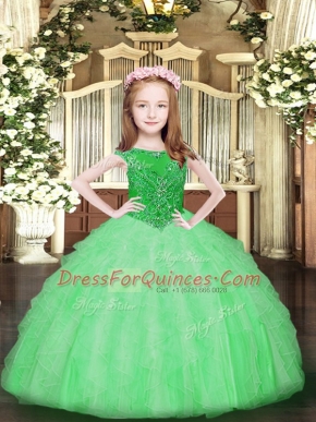 Sleeveless Organza Floor Length Zipper Little Girl Pageant Dress in Apple Green with Beading and Ruffles