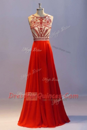 Super Coral Red A-line Chiffon Scoop Sleeveless Beading and Pleated Floor Length Side Zipper Prom Dresses