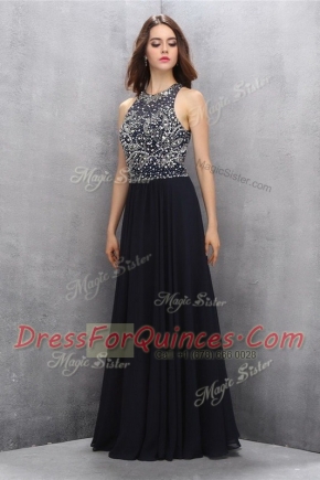 Black Backless Scoop Beading Prom Gown Chiffon Sleeveless