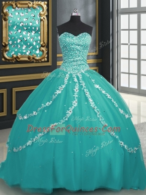 Free and Easy Turquoise Sleeveless Brush Train Beading and Appliques With Train Quinceanera Dresses