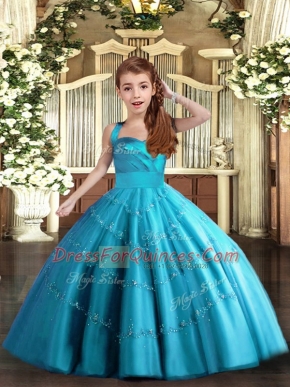 Floor Length Ball Gowns Sleeveless Baby Blue Little Girls Pageant Dress Lace Up