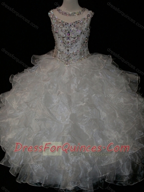 Princess Ball Gown Scoop Beaded Bodice Lace Up Little Girl Pageant Dress in White