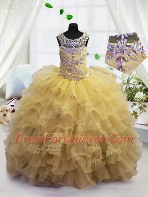 Colorful Light Yellow Lace Up Scoop Beading and Ruffled Layers Toddler Flower Girl Dress Organza Sleeveless