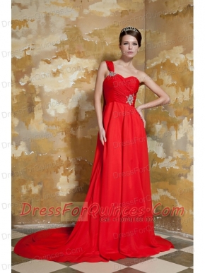 Prom Dress Red Empire One Shoulder Watteau Train Chiffon Beading
