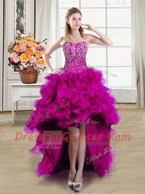 Glorious Beading Prom Evening Gown Fuchsia Lace Up Sleeveless High Low