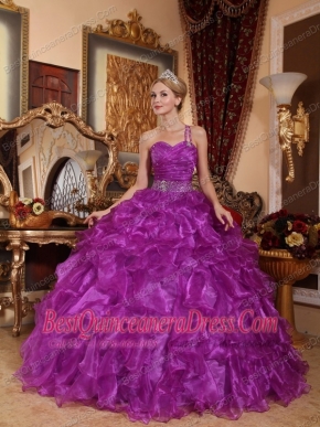 Purple Ball Gown One Shoulder Floor-length Organza Beading Quinceanera Dress