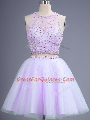 Perfect Knee Length Two Pieces Sleeveless Lavender Court Dresses for Sweet 16 Lace Up