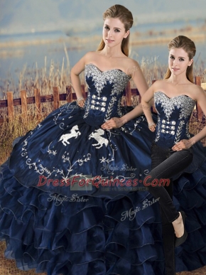Floor Length Lace Up Quinceanera Dress Navy Blue for Sweet 16 and Quinceanera with Embroidery and Ruffles