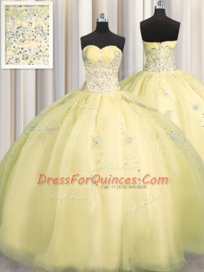 Sumptuous Really Puffy Light Yellow Sleeveless Floor Length Beading and Appliques Zipper Quinceanera Dresses