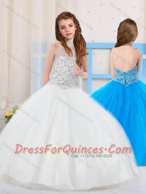 Top Selling Ball Gown Halter Tulle Beaded Mini Quinceanera Dress in Whit
