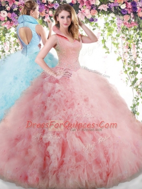 Fitting Beading and Ruffles Vestidos de Quinceanera Baby Pink Backless Sleeveless Floor Length