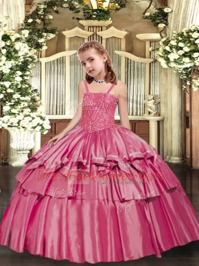 Rose Pink Ball Gowns Taffeta Straps Sleeveless Beading and Ruffled Layers Floor Length Lace Up Little Girls Pageant Dress Wholesale