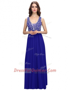Fashionable Empire Evening Dress Royal Blue Straps Chiffon Sleeveless Floor Length Zipper
