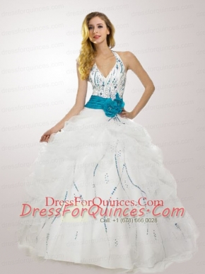 Pretty Ball Gown Halter Top Appliques White Quinceanera Dresses for 2015