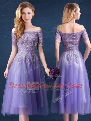 Lavender Tulle Zipper Off The Shoulder Short Sleeves Tea Length Damas Dress Beading and Lace