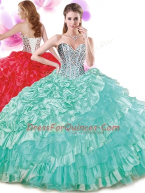 Floor Length Lace Up Sweet 16 Dresses Turquoise for Military Ball and Sweet 16 and Quinceanera with Beading and Ruffled Layers and Pick Ups