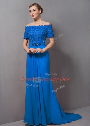 Blue Prom Evening Gown Chiffon Sweep Train Short Sleeves Lace