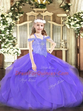 Off The Shoulder Sleeveless Tulle Little Girls Pageant Dress Beading and Ruffles Lace Up