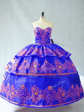 Beauteous Blue Lace Up Sweetheart Sleeveless Floor Length Ball Gown Prom Dress Embroidery and Ruffles