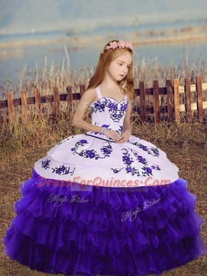 Sleeveless Lace Up Floor Length Embroidery and Ruffled Layers Little Girls Pageant Gowns