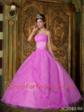 Elegant Rose Pink Ball Gown Strapless Floor-length Appliques Organza Quinceanera Dress