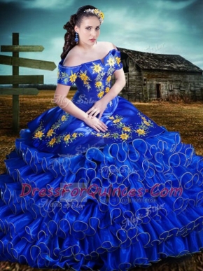 Clearance Off the Shoulder Royal Blue Ball Gowns Embroidery and Ruffled Layers Quinceanera Gowns Lace Up Organza Short Sleeves Floor Length