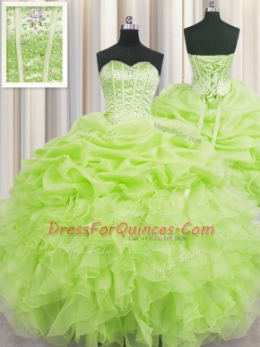 Unique Visible Boning Yellow Green Ball Gowns Organza Sweetheart Sleeveless Beading and Ruffles and Pick Ups Floor Length Lace Up Sweet 16 Dress