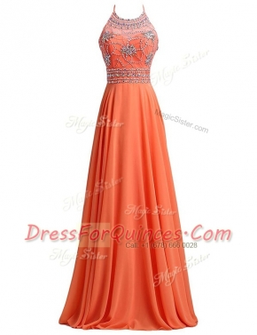 Pretty Chiffon Scoop Sleeveless Sweep Train Zipper Beading and Belt Prom Dress in Orange Red