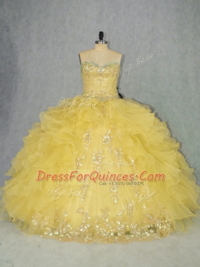Yellow Sleeveless Organza Lace Up Quinceanera Dress for Sweet 16 and Quinceanera