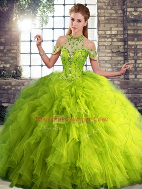 Tulle Sleeveless Floor Length 15 Quinceanera Dress and Beading and Ruffles