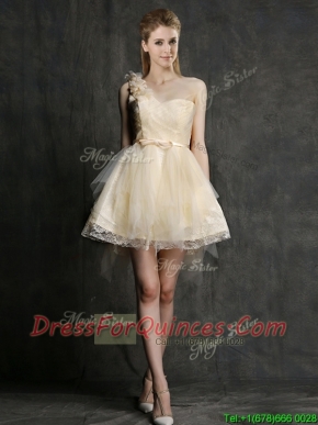 New One Shoulder Short Prom Dresses with Belt and Hand Made Flowers