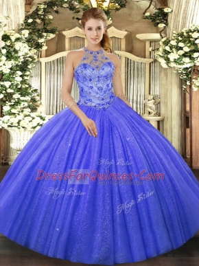 Halter Top Sleeveless Lace Up Quinceanera Gown Blue Tulle