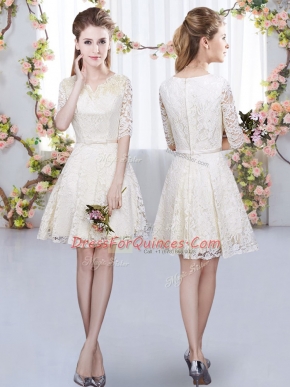 Lovely Mini Length Champagne Quinceanera Dama Dress Lace Half Sleeves Belt