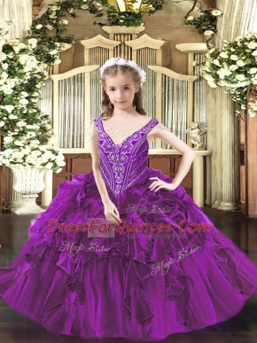 Hot Sale Purple V-neck Lace Up Beading and Ruffles Little Girls Pageant Gowns Sleeveless