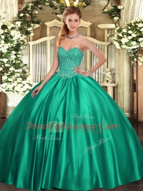Clearance Turquoise Ball Gowns Beading Quince Ball Gowns Lace Up Satin Sleeveless Floor Length