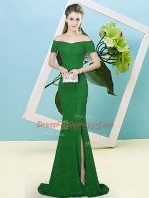 Green Prom Evening Gown Off The Shoulder Short Sleeves Sweep Train Zipper