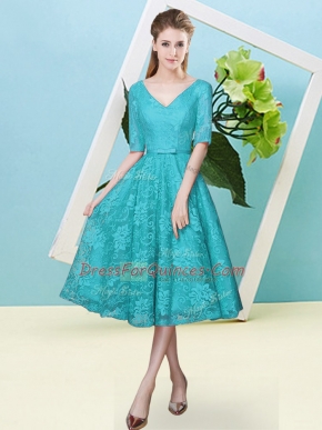 Traditional Teal V-neck Neckline Bowknot Quinceanera Dama Dress Half Sleeves Lace Up