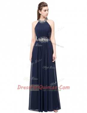 Modest Scoop Sleeveless Chiffon Floor Length Side Zipper in Navy Blue with Beading