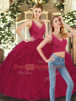 Exquisite Red Sweet 16 Dress Sweet 16 and Quinceanera with Ruffles V-neck Sleeveless Lace Up