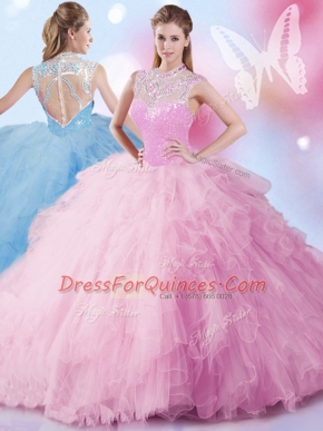 Clearance Beading and Ruffles and Sequins Sweet 16 Dress Baby Pink Zipper Sleeveless Floor Length