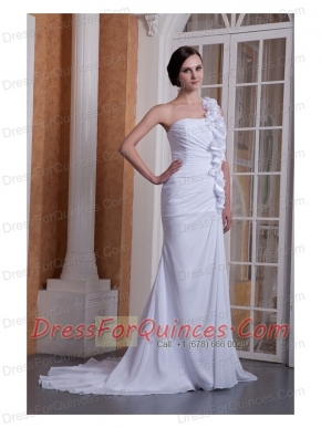 Prom Dress Pretty Column One Shoulder Brush Train Hand Made Flower Chiffon