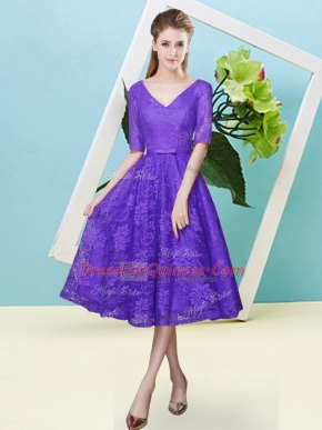 Tea Length Purple Quinceanera Dama Dress Lace Half Sleeves Bowknot