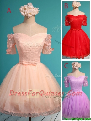 Elegant Off the Shoulder Short Sleeves Prom Dresses with Appliques and Belt